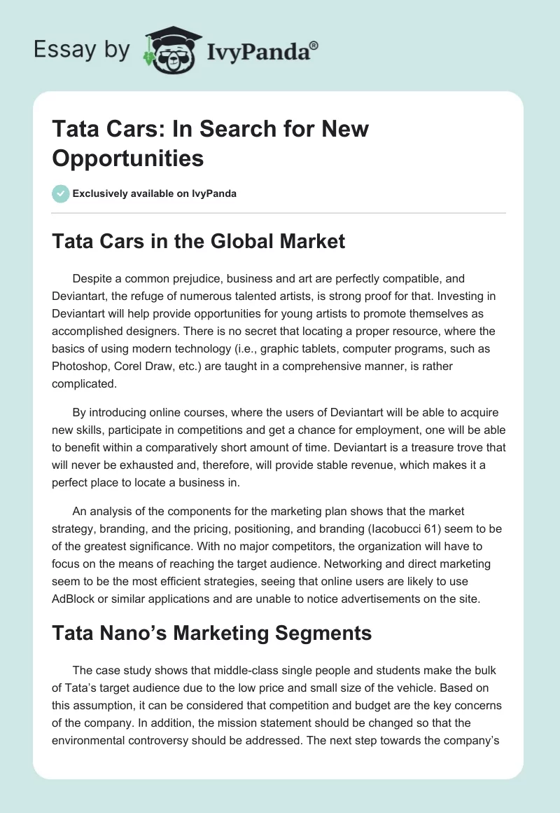 Tata Cars: In Search for New Opportunities. Page 1