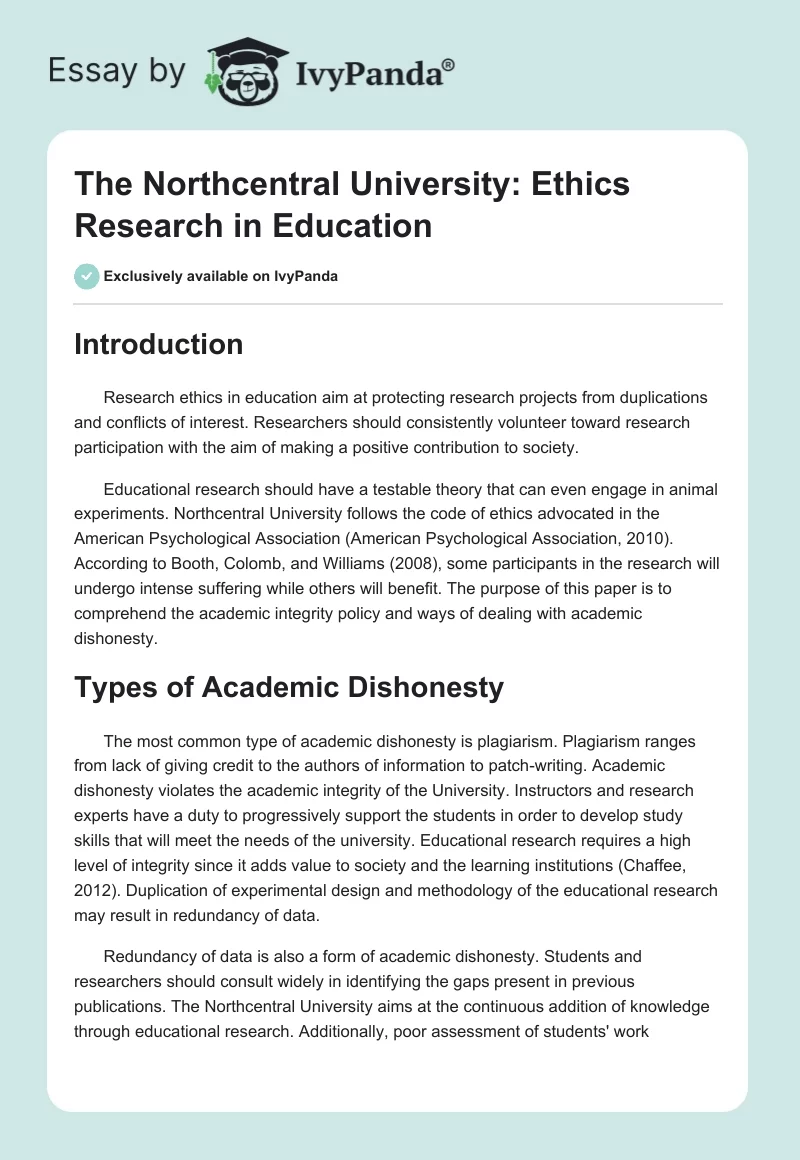 The Northcentral University: Ethics Research in Education. Page 1