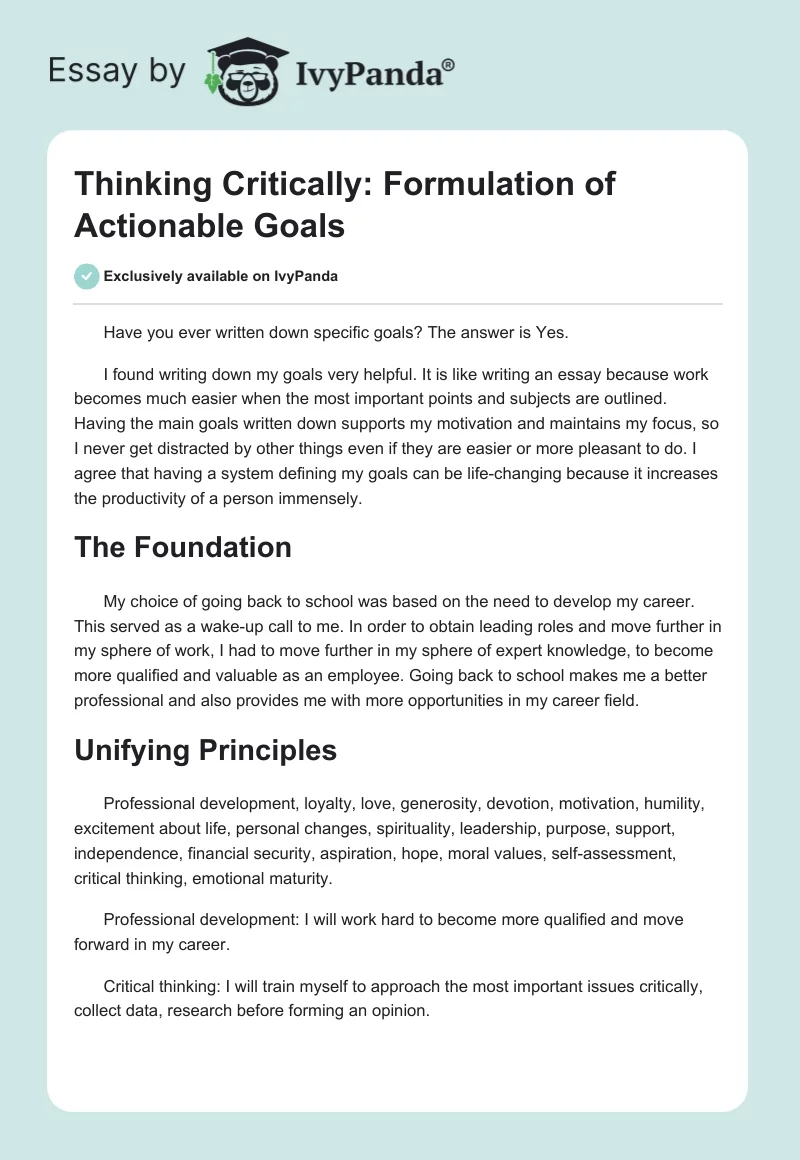 Thinking Critically: Formulation of Actionable Goals. Page 1