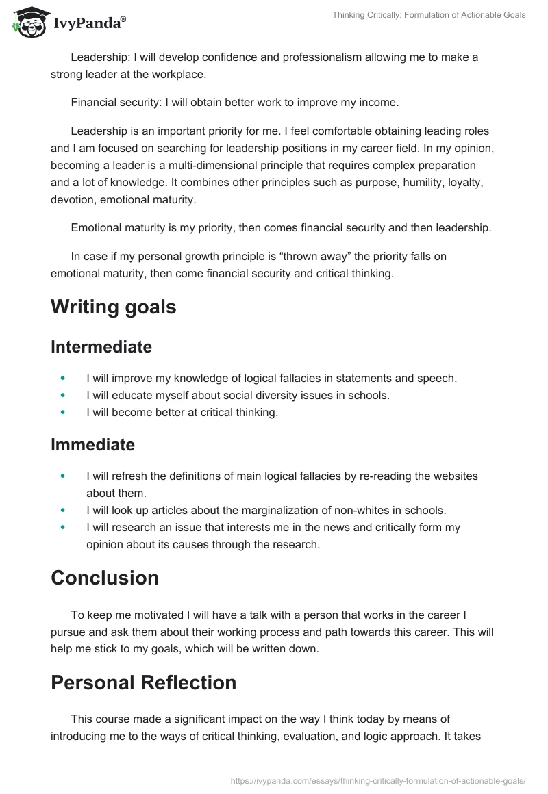 Thinking Critically: Formulation of Actionable Goals. Page 2