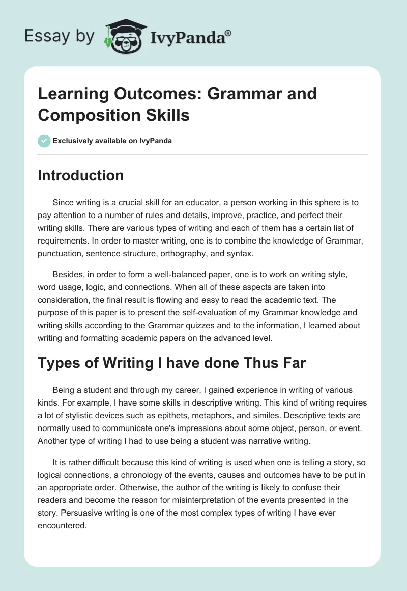 Learning Outcomes: Grammar and Composition Skills. Page 1