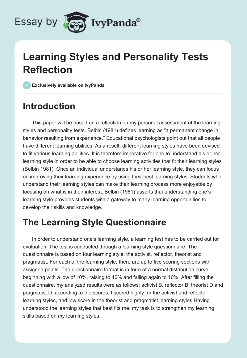 Learning Styles and Personality Tests Reflection. Page 1