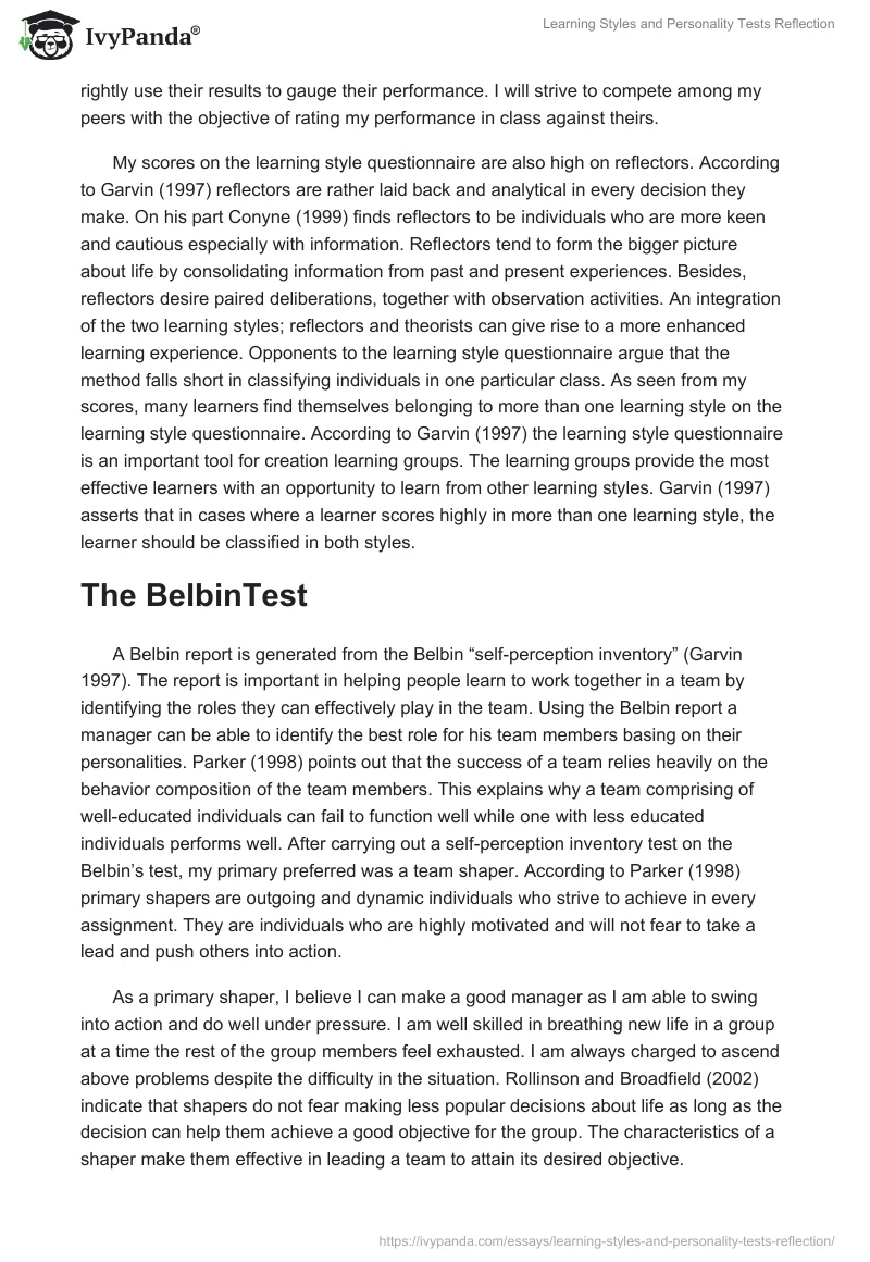 Learning Styles and Personality Tests Reflection. Page 3