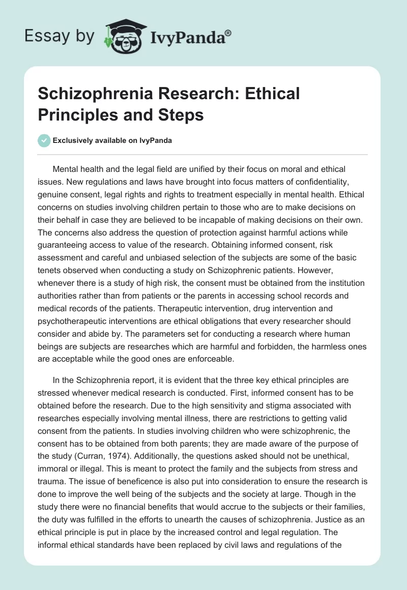 Schizophrenia Research: Ethical Principles and Steps. Page 1