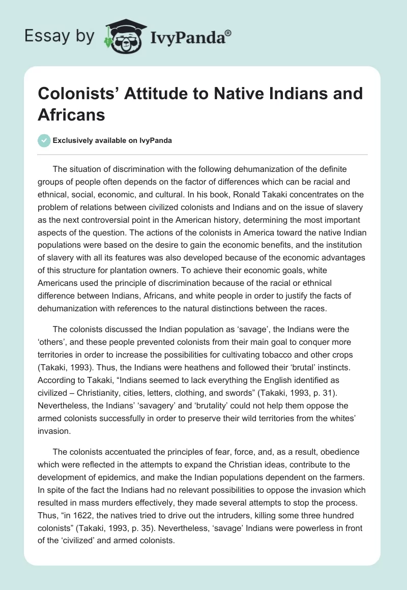 Colonists’ Attitude to Native Indians and Africans. Page 1