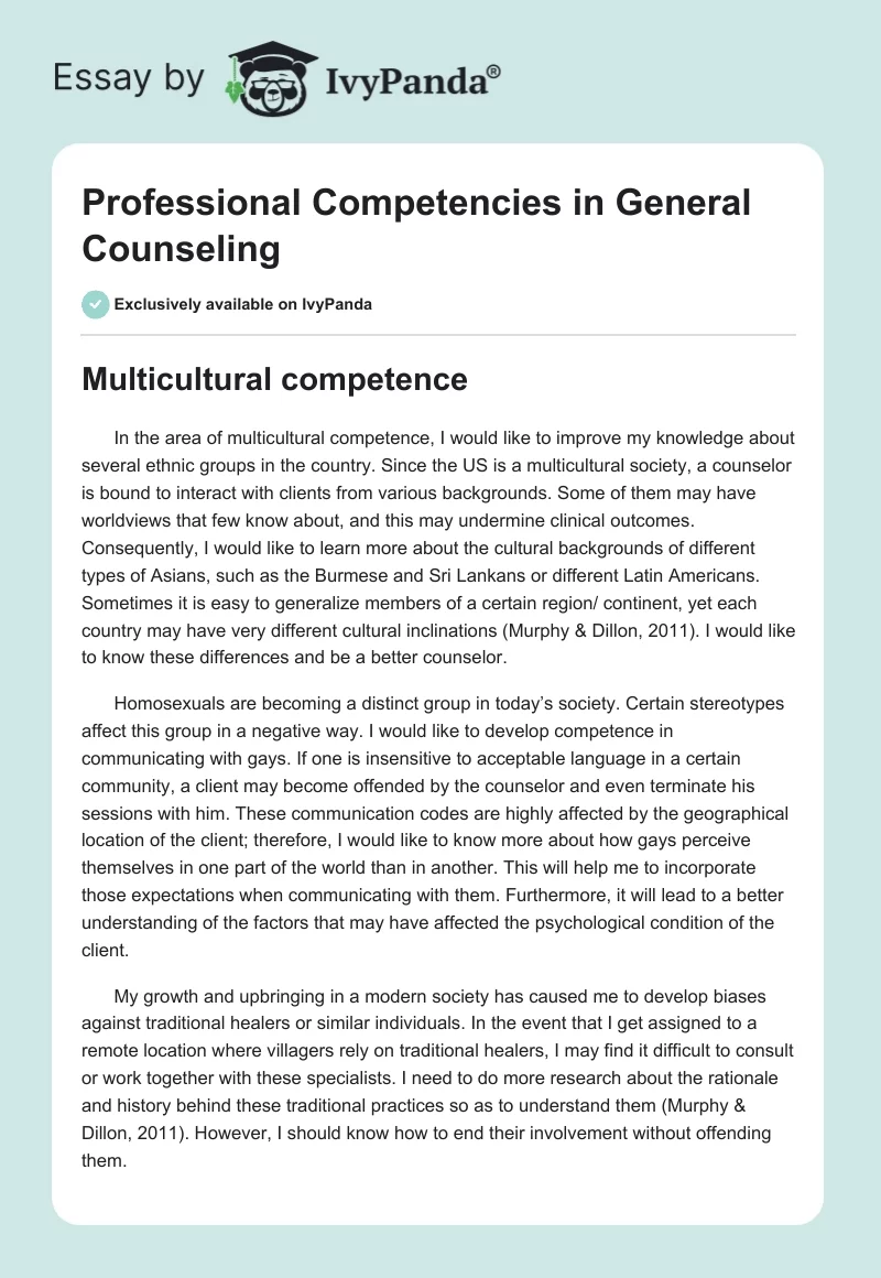 Professional Competencies in General Counseling. Page 1