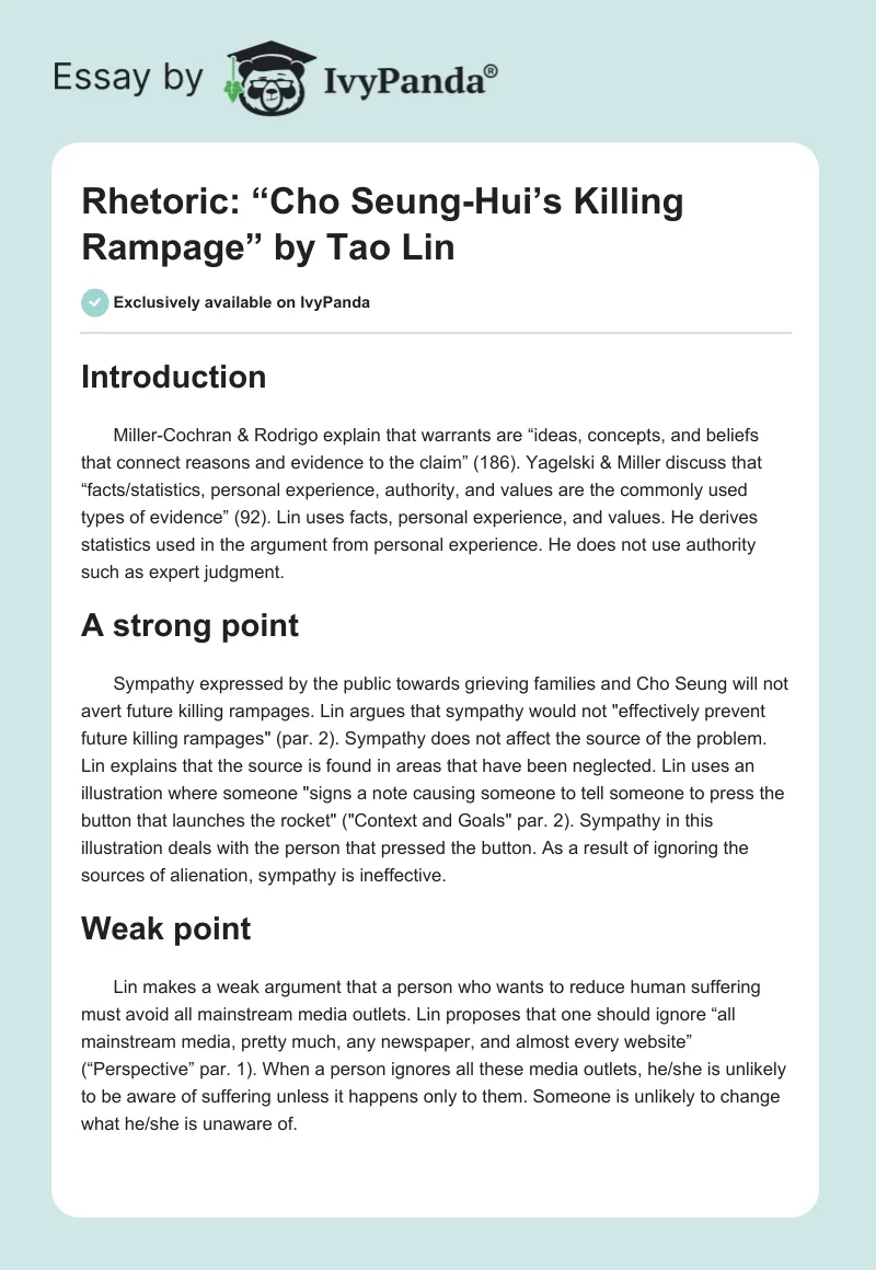 Rhetoric: “Cho Seung-Hui’s Killing Rampage” by Tao Lin. Page 1
