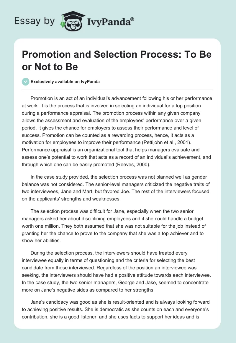 Promotion and Selection Process: To Be or Not to Be. Page 1