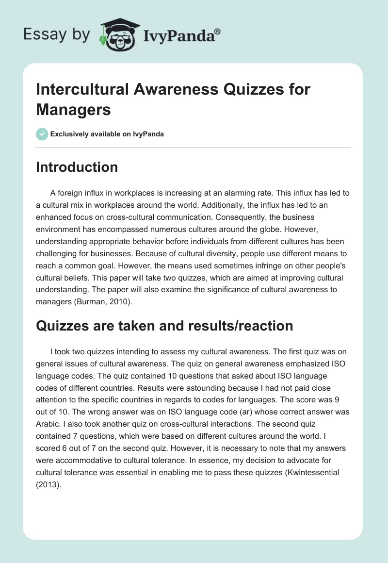 Intercultural Awareness Quizzes for Managers. Page 1