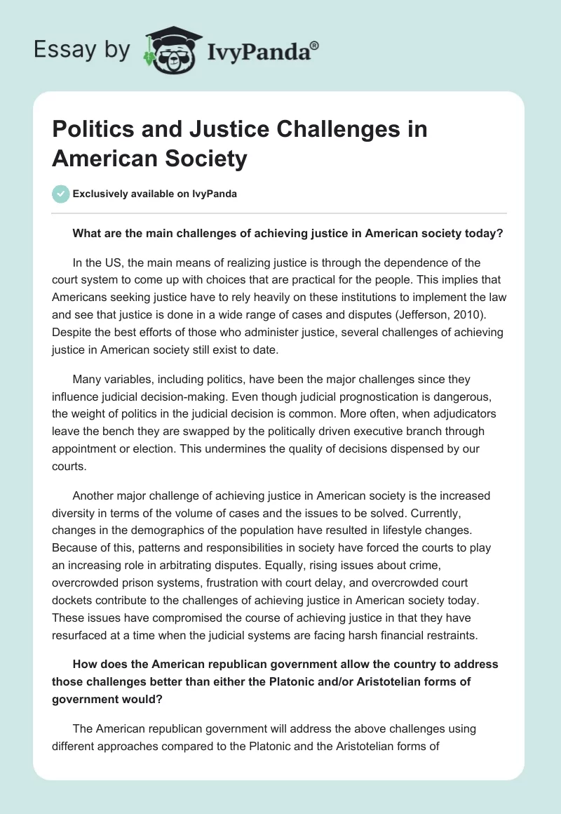 Politics and Justice Challenges in American Society. Page 1