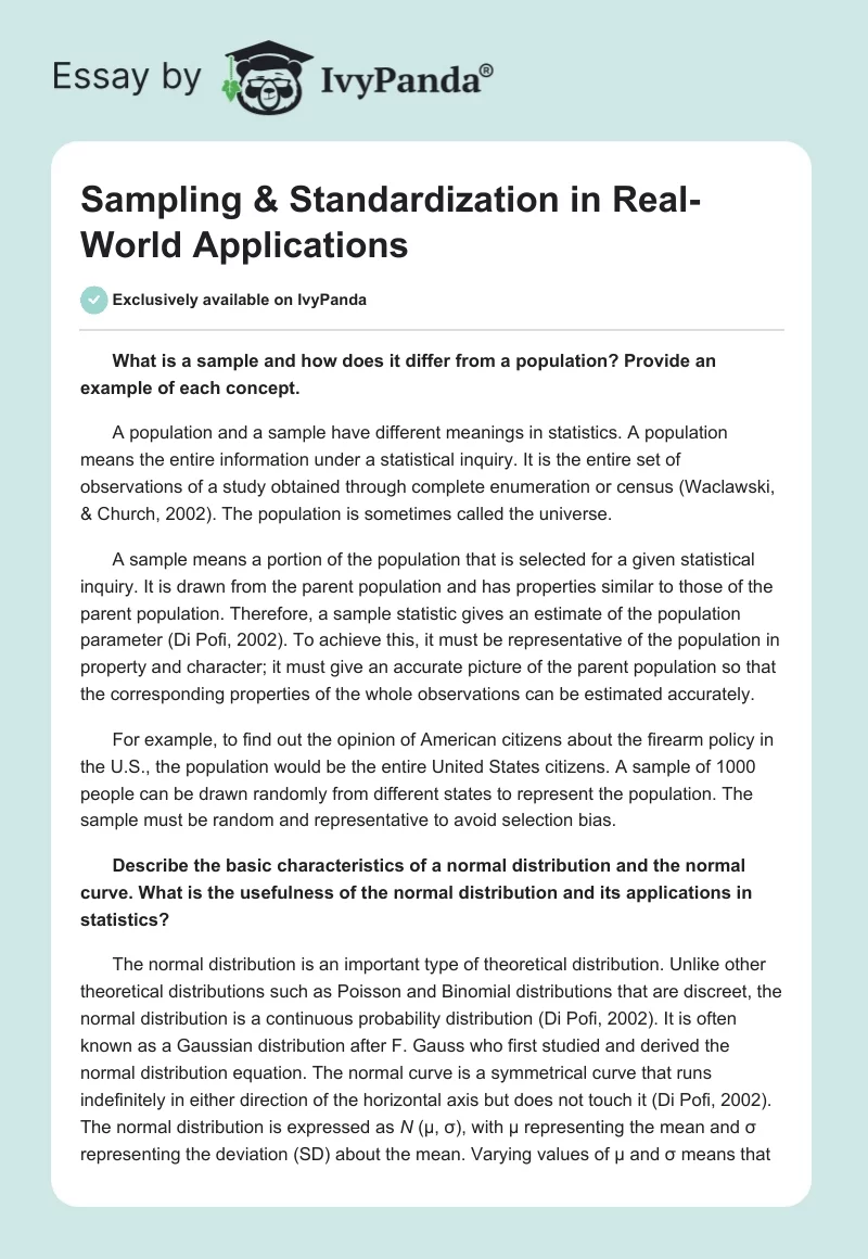 Sampling & Standardization: Real-World Application - 1097 Words ...