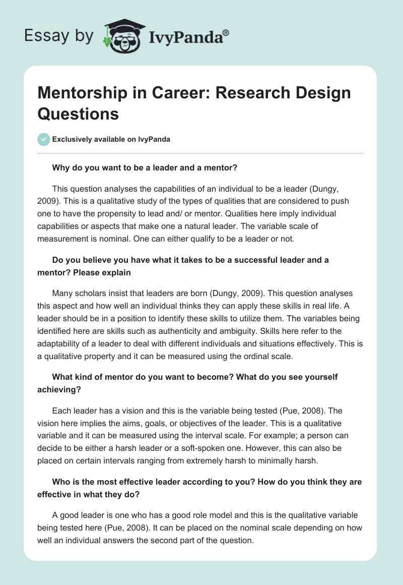 Mentorship in Career: Research Design Questions. Page 1