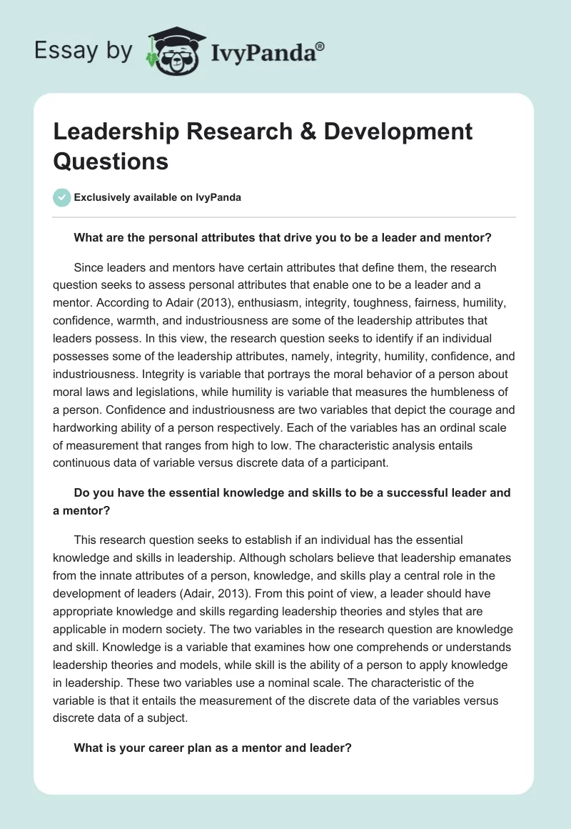 Leadership Research & Development Questions. Page 1