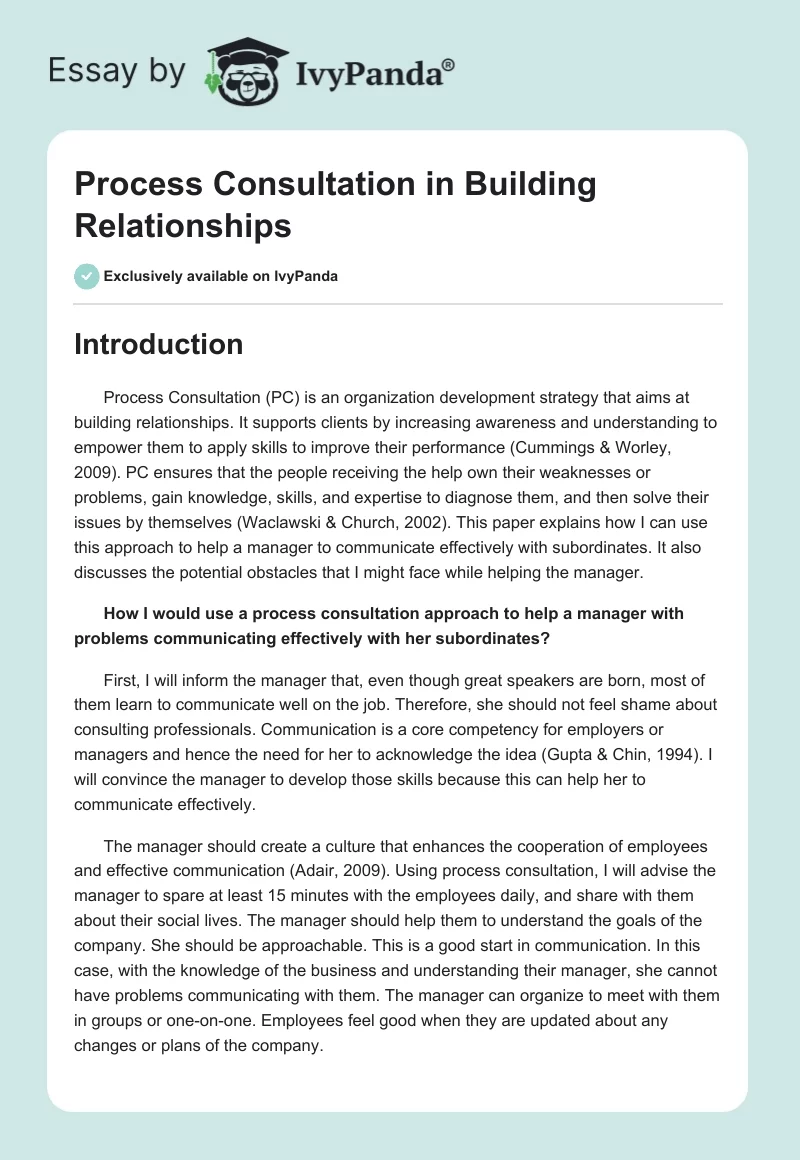Process Consultation in Building Relationships. Page 1