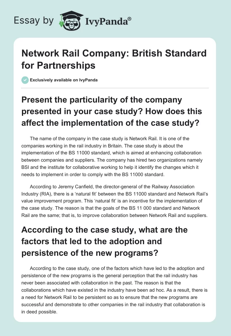 Network Rail Company: British Standard for Partnerships. Page 1