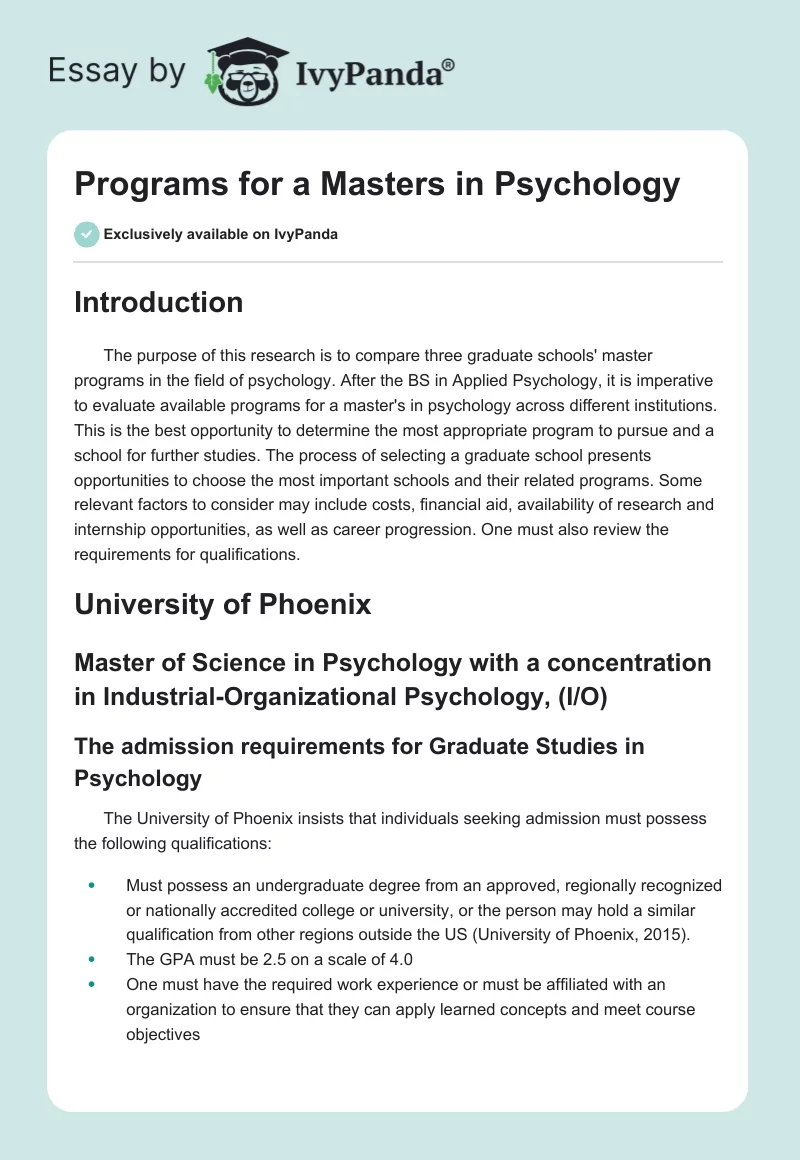 Programs for a Masters in Psychology. Page 1