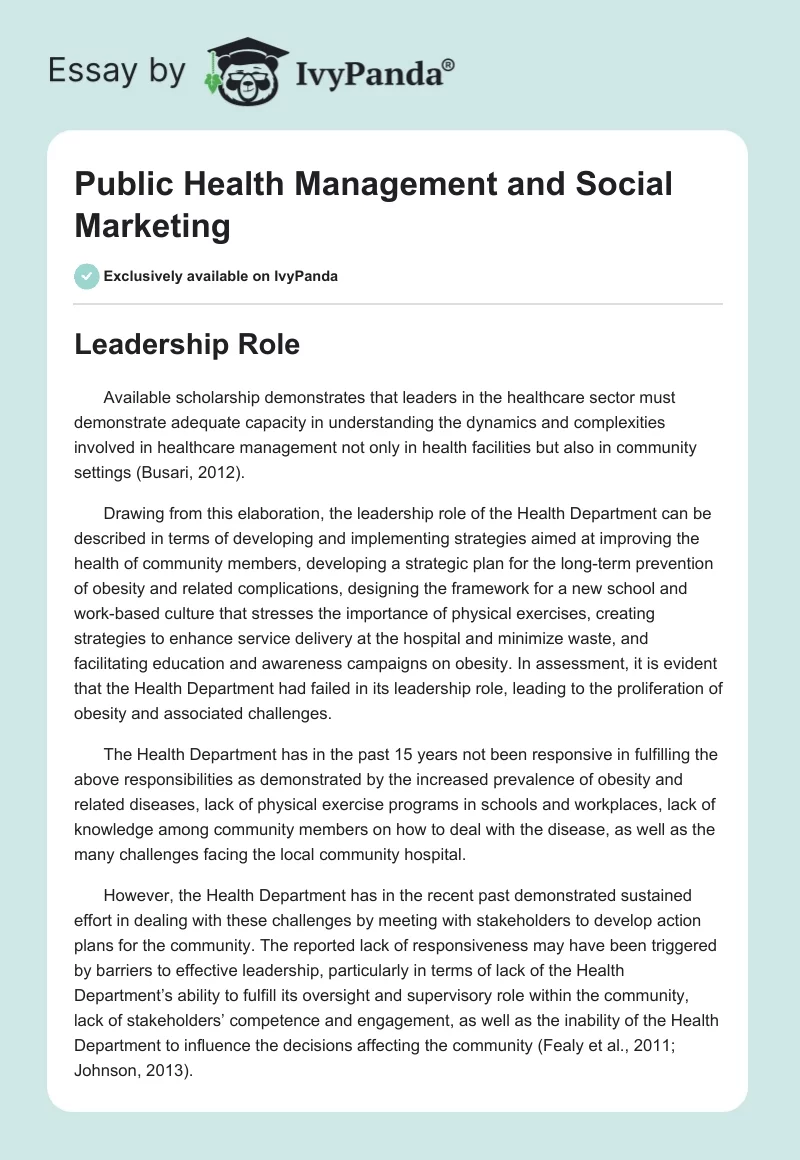 Public Health Management and Social Marketing. Page 1