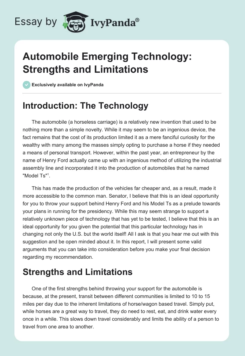 Automobile Emerging Technology: Strengths and Limitations. Page 1