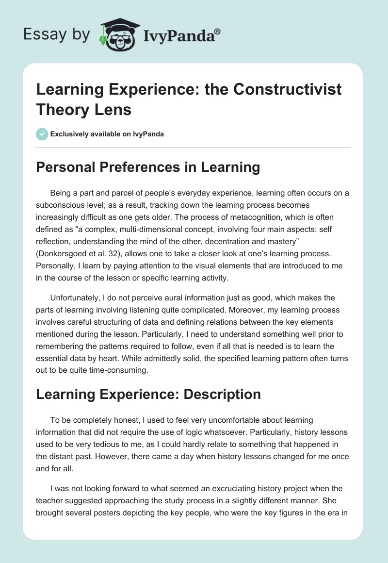 Learning Experience: the Constructivist Theory Lens. Page 1