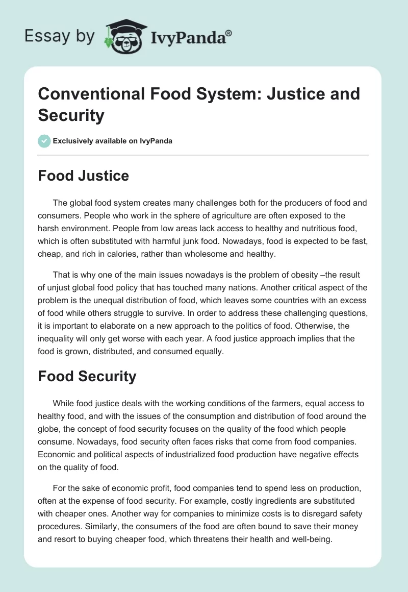 Conventional Food System: Justice and Security. Page 1