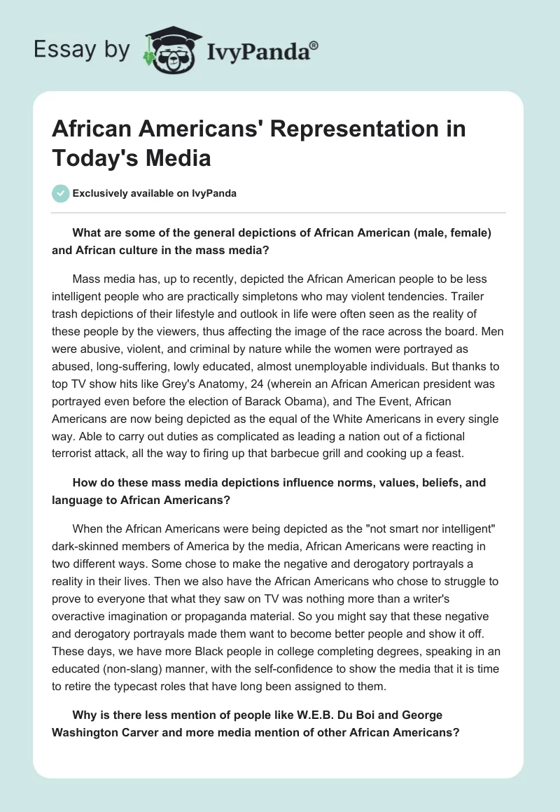 African Americans' Representation in Today's Media. Page 1