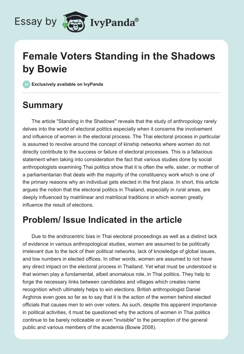 Female Voters "Standing in the Shadows" by Bowie. Page 1