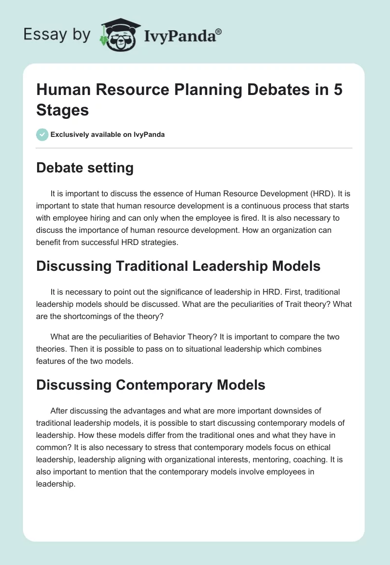 Human Resource Planning Debates in 5 Stages. Page 1