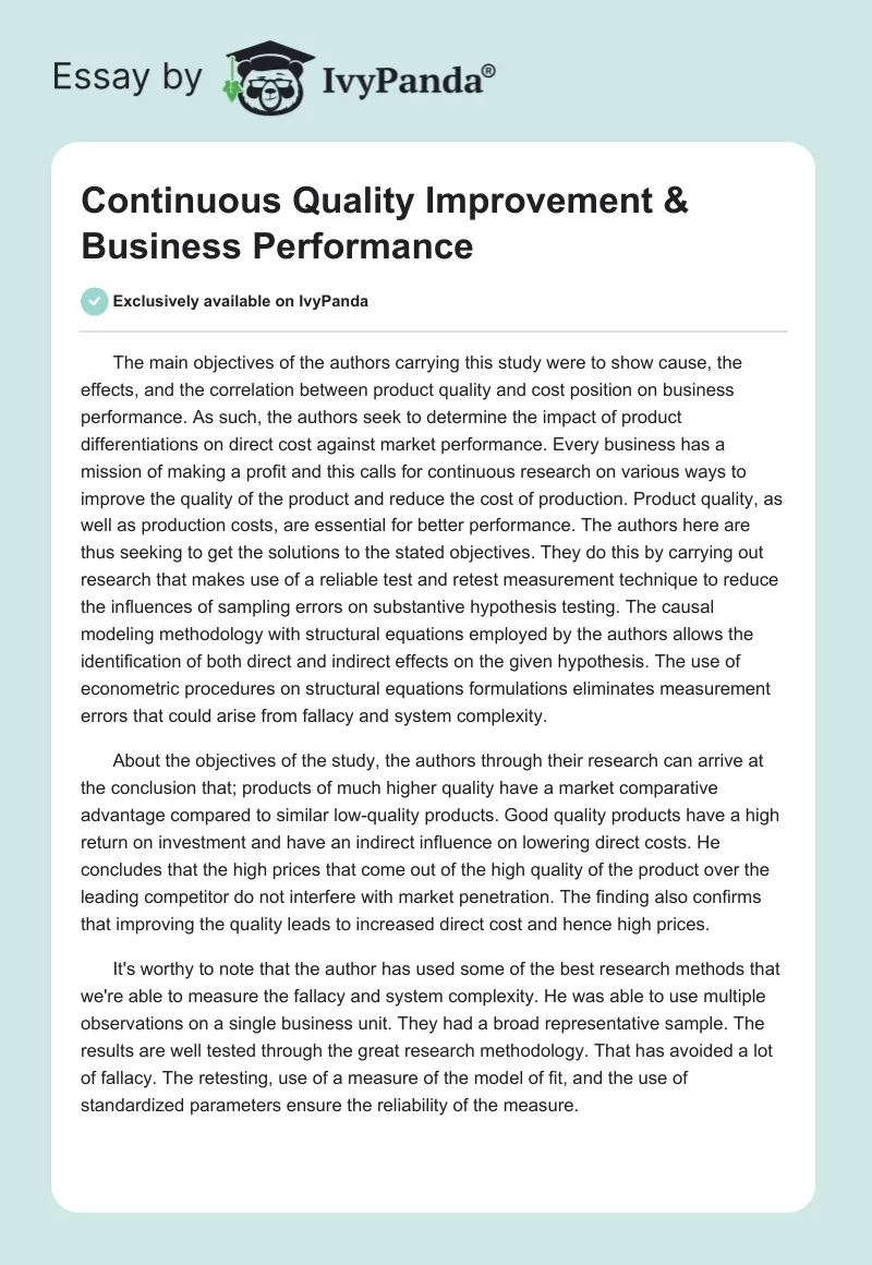 Continuous Quality Improvement & Business Performance. Page 1