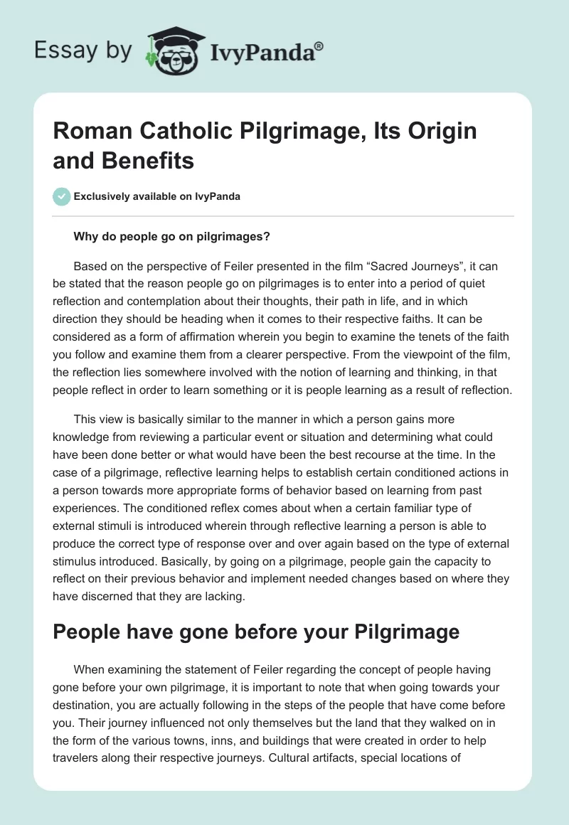 Roman Catholic Pilgrimage, Its Origin and Benefits. Page 1