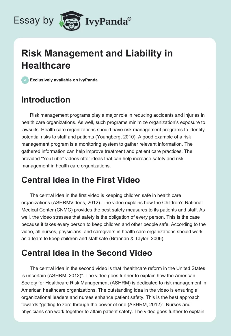 Risk Management and Liability in Healthcare. Page 1