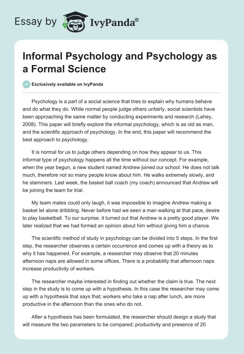 Informal Psychology and Psychology as a Formal Science. Page 1