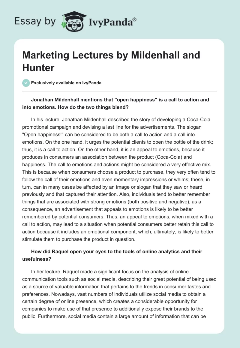 Marketing Lectures by Mildenhall and Hunter. Page 1