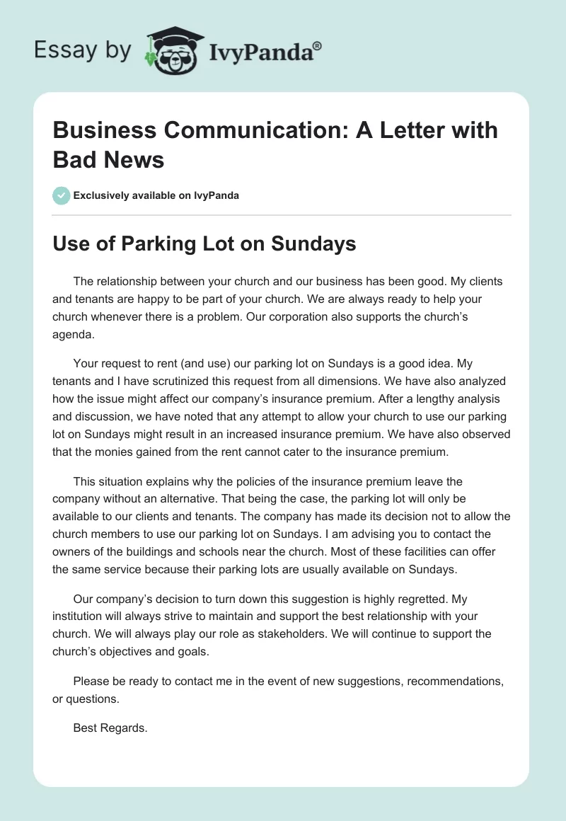 Business Communication: A Letter with Bad News. Page 1