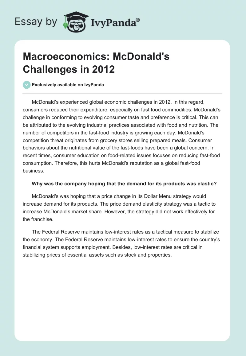 Macroeconomics: McDonald's Challenges in 2012. Page 1