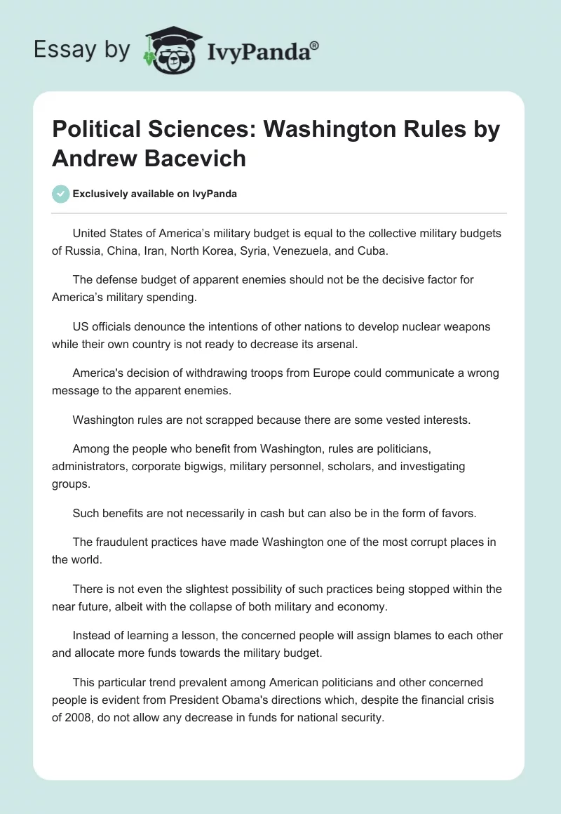 Political Sciences: "Washington Rules" by Andrew Bacevich. Page 1