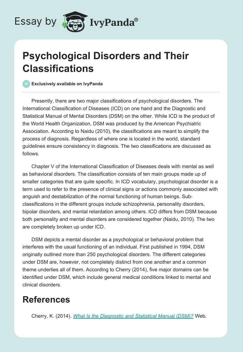 Psychological Disorders and Their Classifications. Page 1