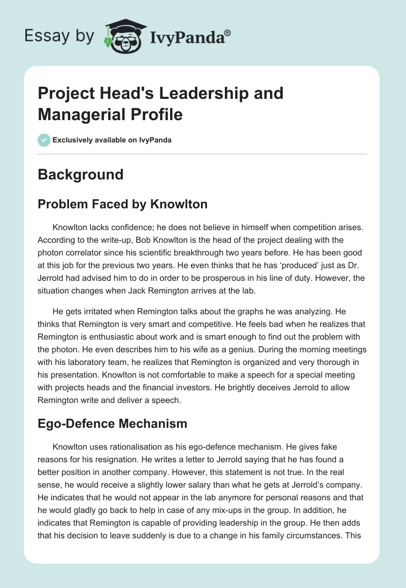 Project Head's Leadership and Managerial Profile. Page 1