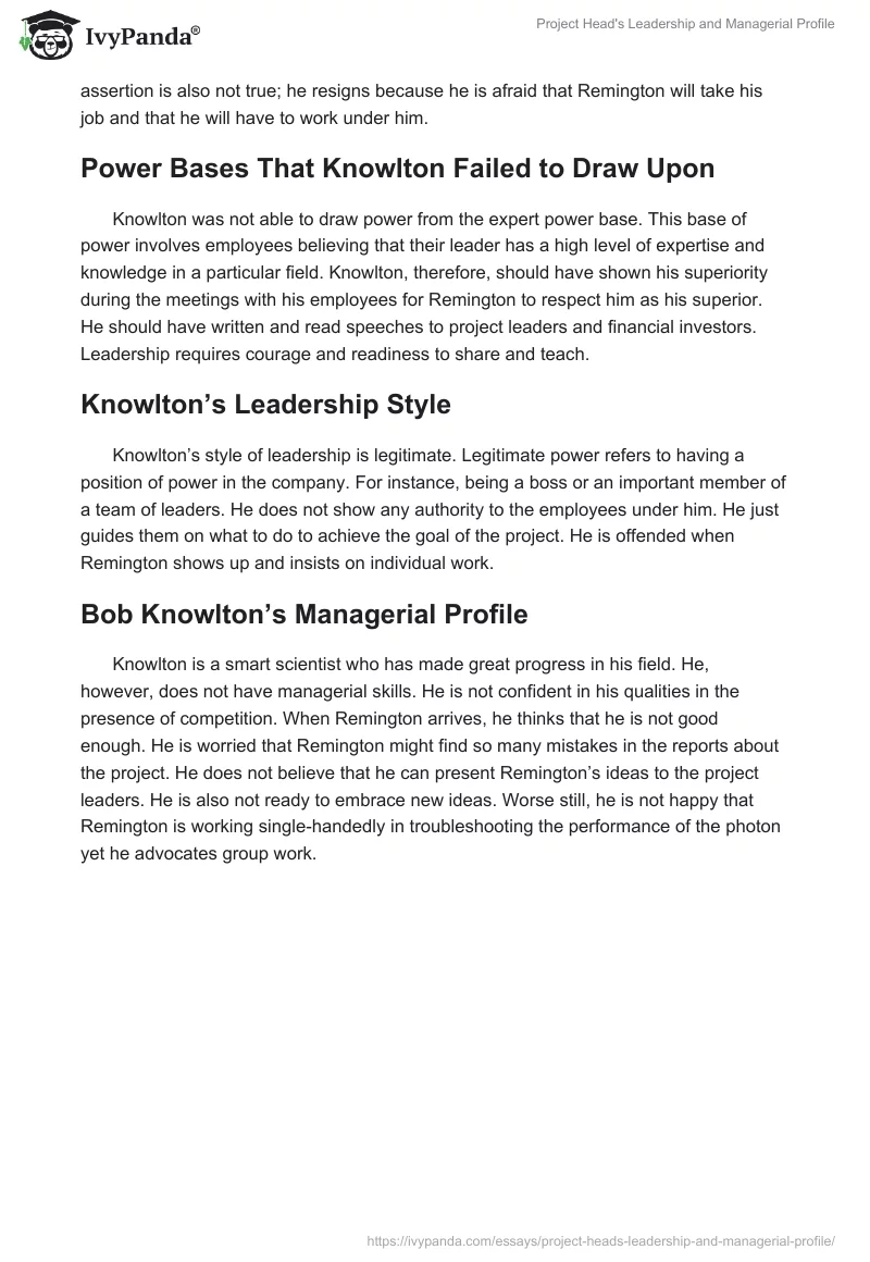 Project Head's Leadership and Managerial Profile. Page 2