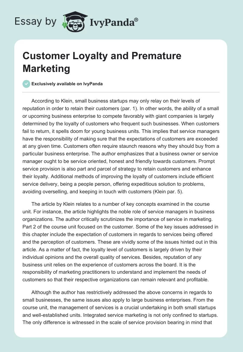 Customer Loyalty and Premature Marketing. Page 1