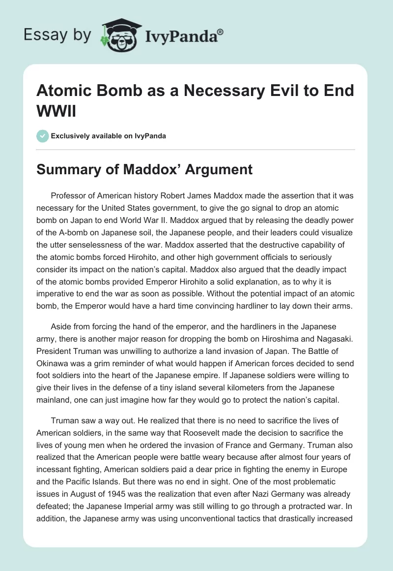 Atomic Bomb as a Necessary Evil to End WWII. Page 1
