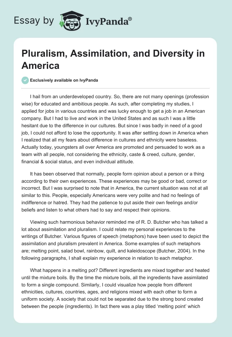 Pluralism, Assimilation, and Diversity in America. Page 1
