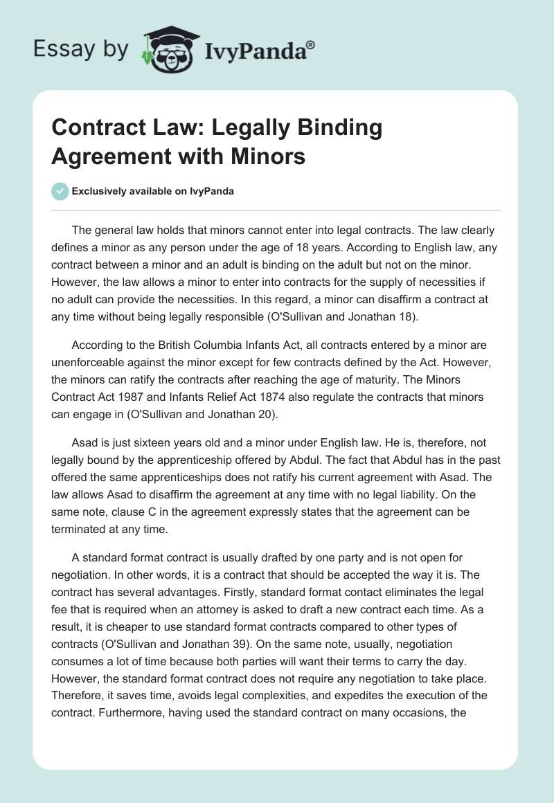 Contract Law: Legally Binding Agreement With Minors. Page 1