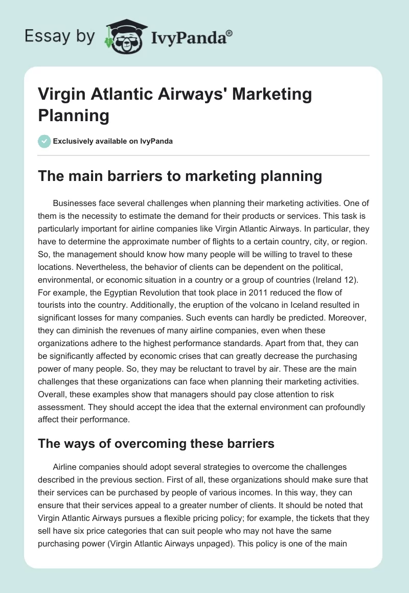 Virgin Atlantic Airways' Marketing Planning. Page 1