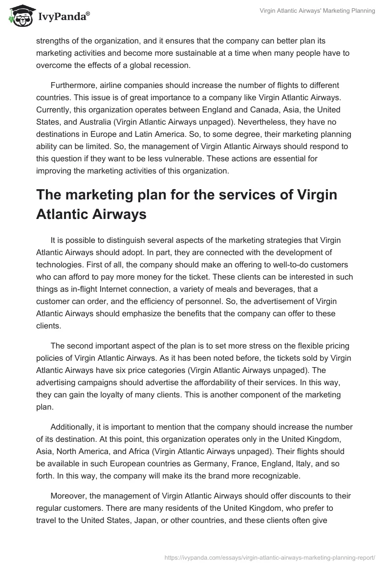 Virgin Atlantic Airways' Marketing Planning. Page 2