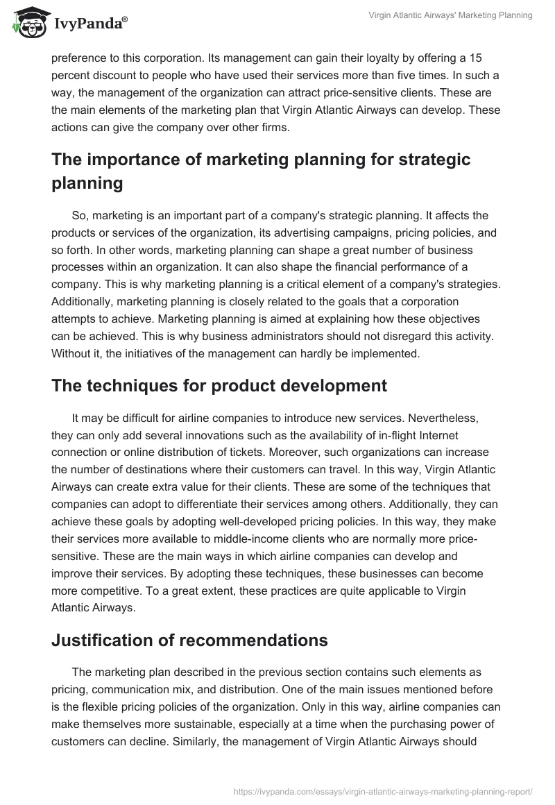 Virgin Atlantic Airways' Marketing Planning. Page 3