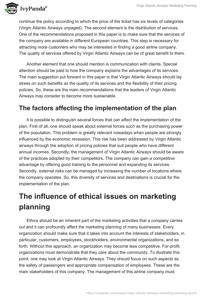 Virgin Atlantic Airways' Marketing Planning. Page 4