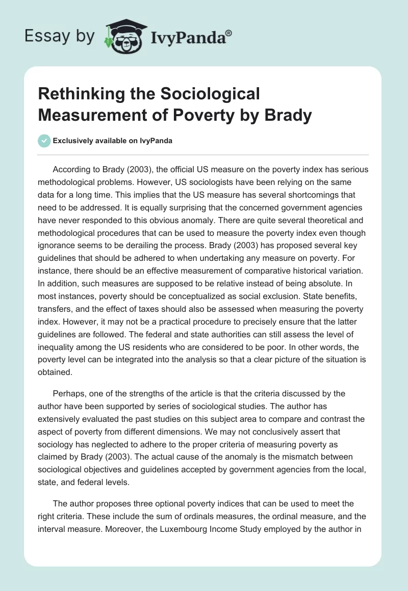 "Rethinking the Sociological Measurement of Poverty" by Brady. Page 1
