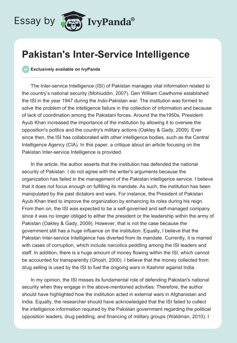 Pakistan's Inter-Service Intelligence. Page 1