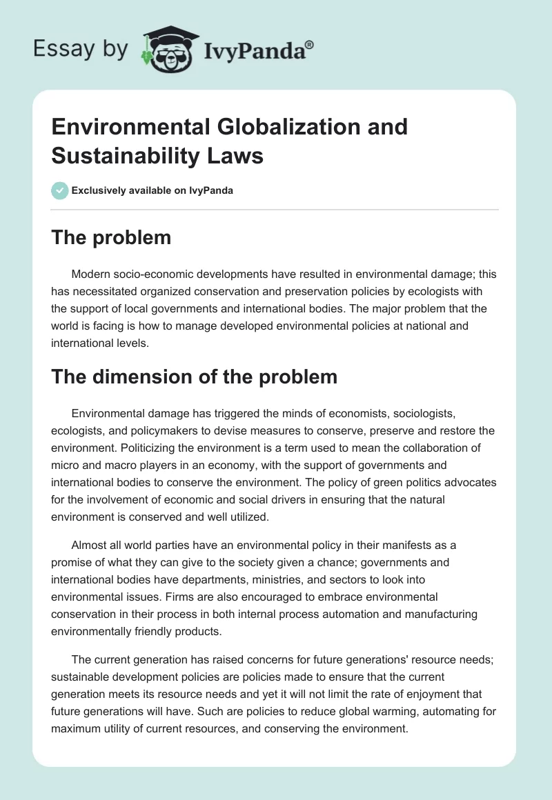 Environmental Globalization and Sustainability Laws. Page 1
