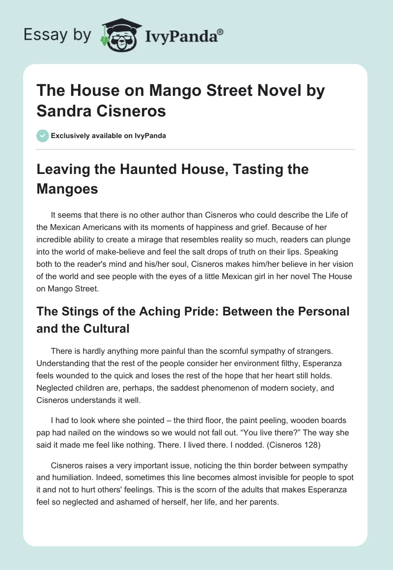 "The House on Mango Street" Novel by Sandra Cisneros. Page 1